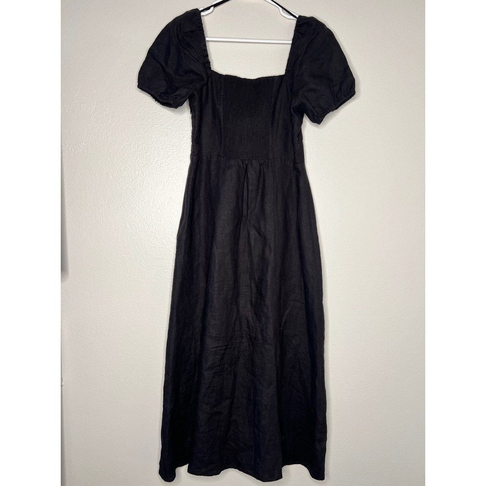 & Other Stories Black Linen Blend Puff Sleeve  Midi Dress with Slit Size 4 - Picture 7 of 9